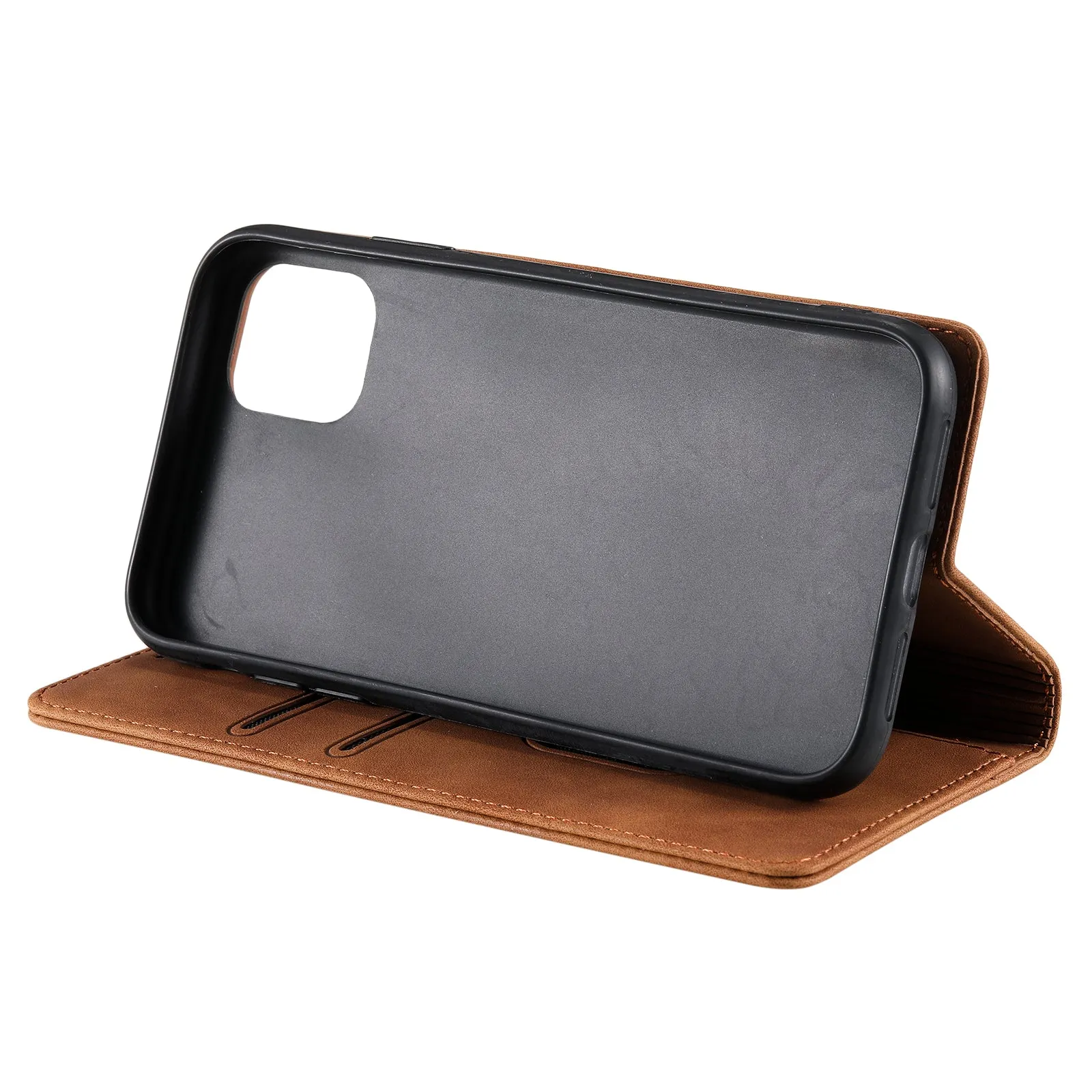 001 Series Auto-absorbed Skin-touch Feeling Leather Well-protected Wallet Phone Case for iPhone 13 6.1 inch