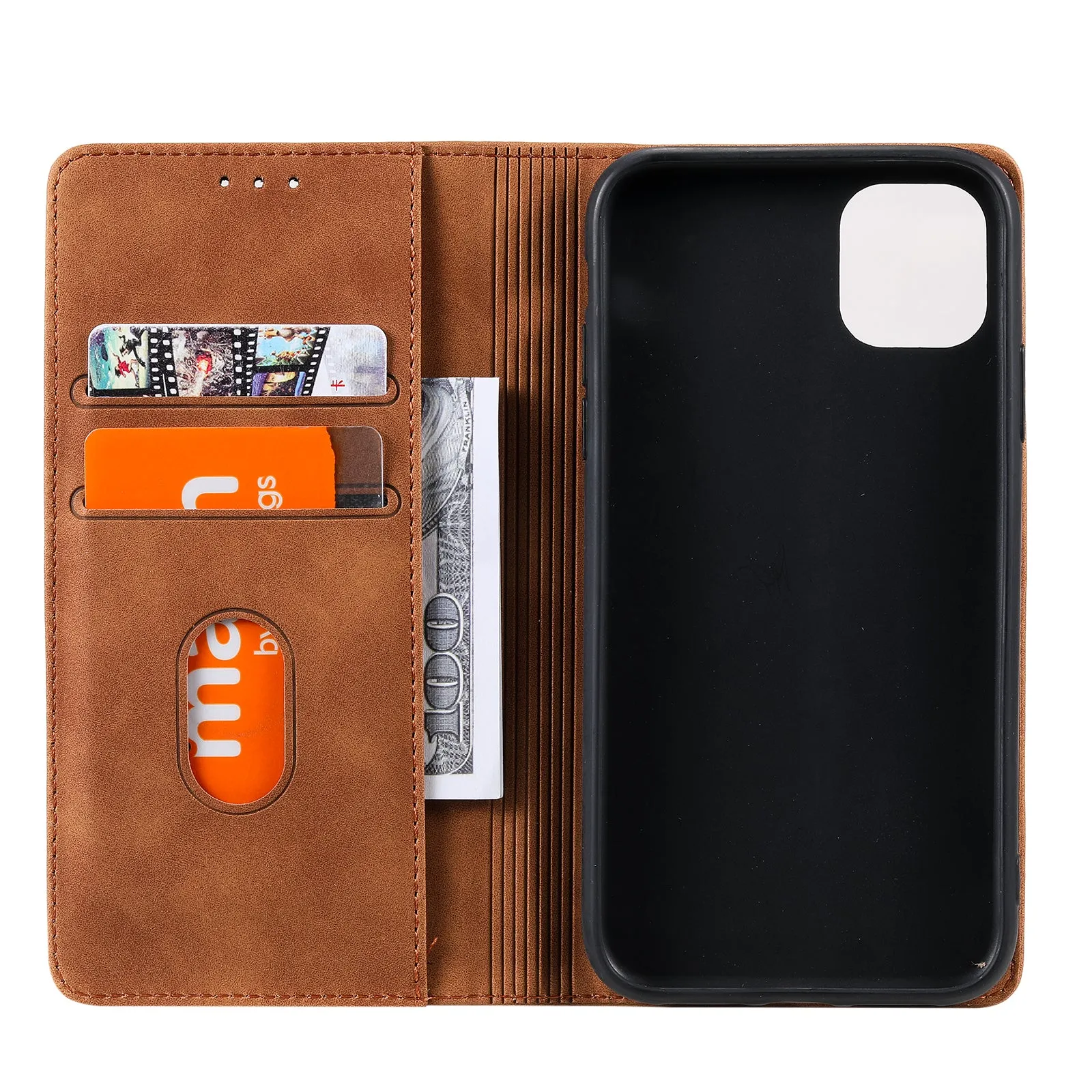 001 Series Auto-absorbed Skin-touch Feeling Leather Well-protected Wallet Phone Case for iPhone 13 6.1 inch