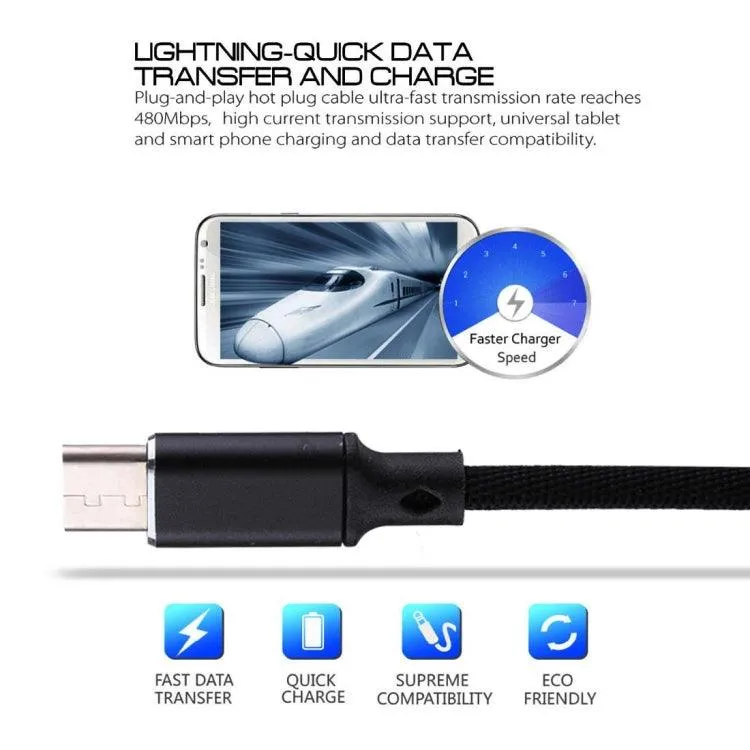 1m Nylon Weave USB to USB-C 2A Fast Charging and Data Sync Cable