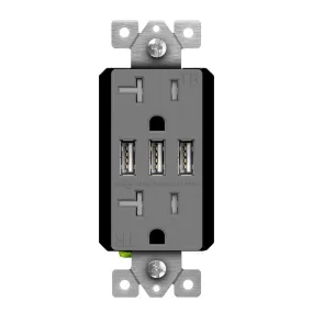 20 Amp Duplex Outlet with Triple 5.8A USB-A Outlet Tamper-Resistant, Gray