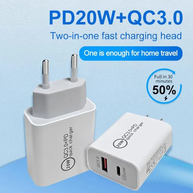 20W Dual-Port Travel Charger with PD3.0 and QC 3.0 Compatibility for iPhone, Huawei, Samsung, and Xiaomi Devices