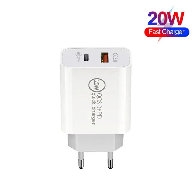 20W Dual-Port Travel Charger with PD3.0 and QC 3.0 Compatibility for iPhone, Huawei, Samsung, and Xiaomi Devices