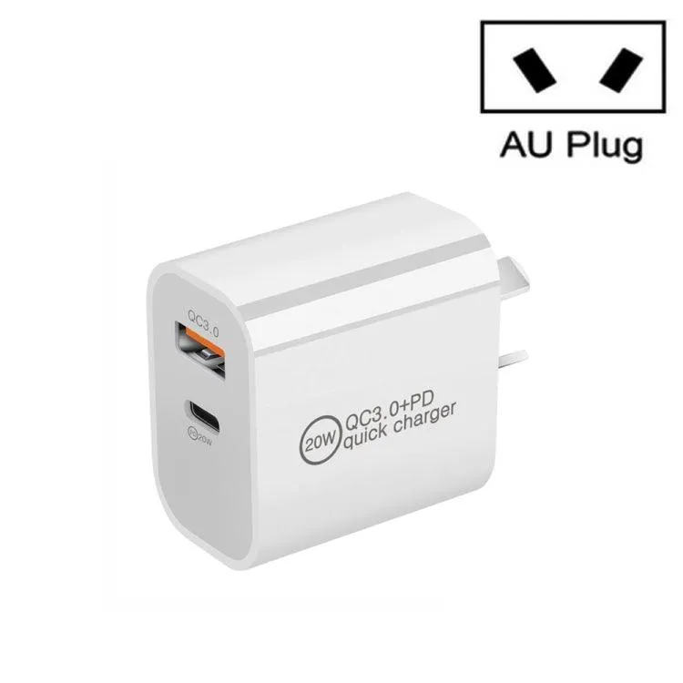 20W Dual-Port Travel Charger with PD3.0 and QC 3.0 Compatibility for iPhone, Huawei, Samsung, and Xiaomi Devices