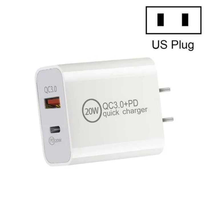 20W Dual-Port Travel Charger with PD3.0 and QC 3.0 Compatibility for iPhone, Huawei, Samsung, and Xiaomi Devices