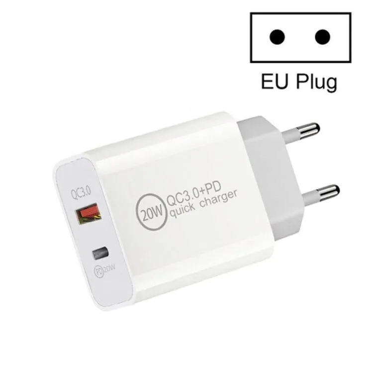 20W Dual-Port Travel Charger with PD3.0 and QC 3.0 Compatibility for iPhone, Huawei, Samsung, and Xiaomi Devices