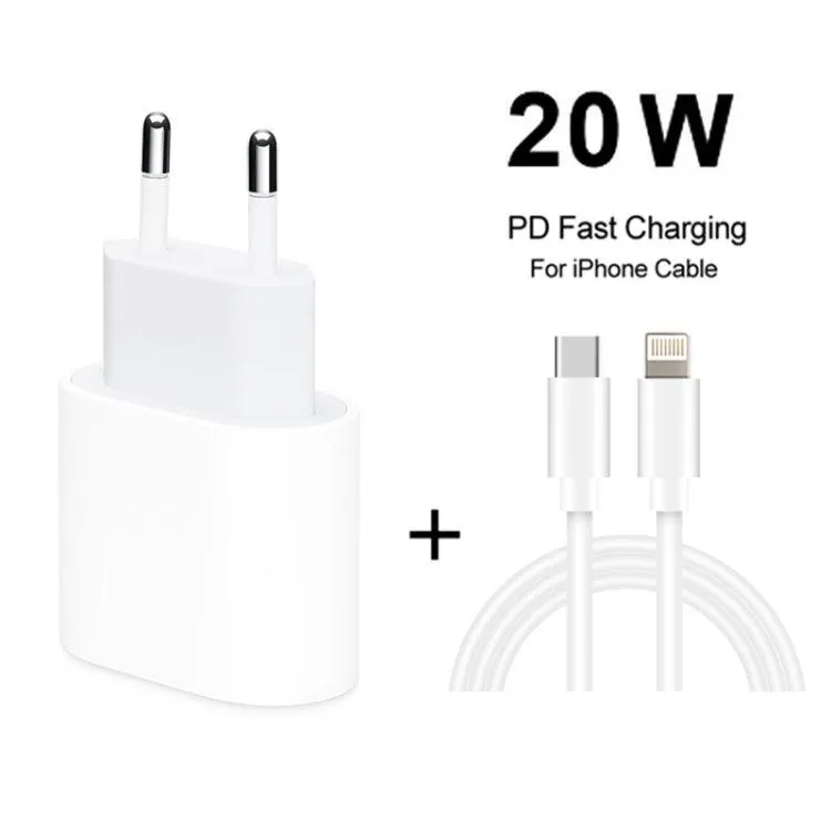 20W PD Travel Charger with 2m USB-C to 8-Pin Fast Charge Cable Set, EU Plug