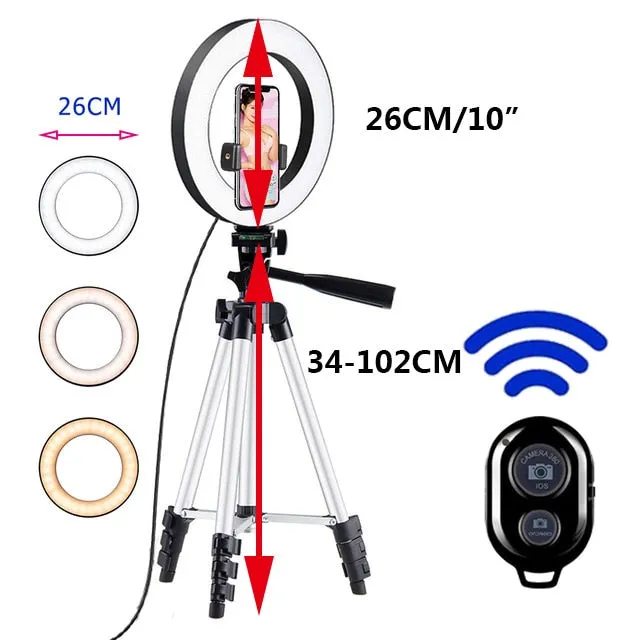 26cm Led Selfie Ring Light  Bluetooth Remote Lamp Photography Tripod Holder