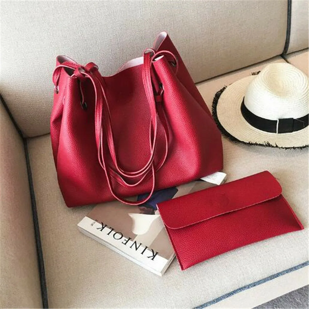 2pcs Women Leather Large Shoulder Messenger Shopping Bag Purse Handbag Tote