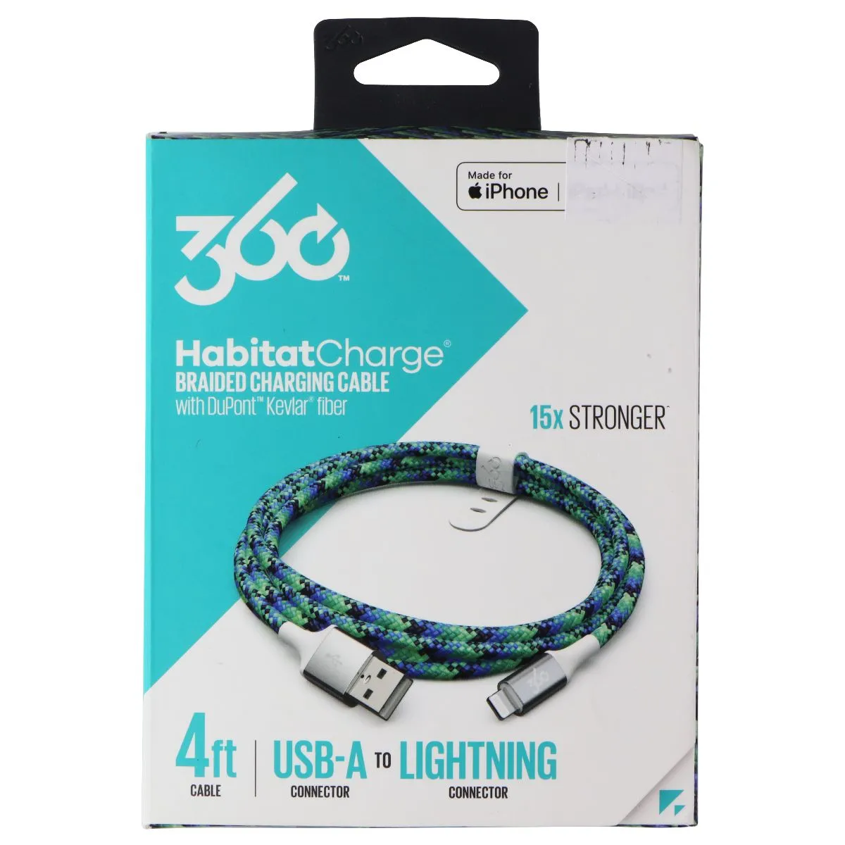 360 (4ft) HabitatCharge USB-A to 8-Pin Lightning Braided Cable - Turquoise