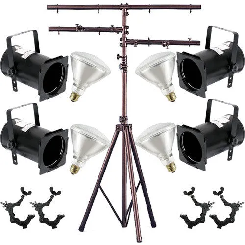 4 Black PAR CAN 38 120w BR40 Flood O-Clamp 12ft Stand