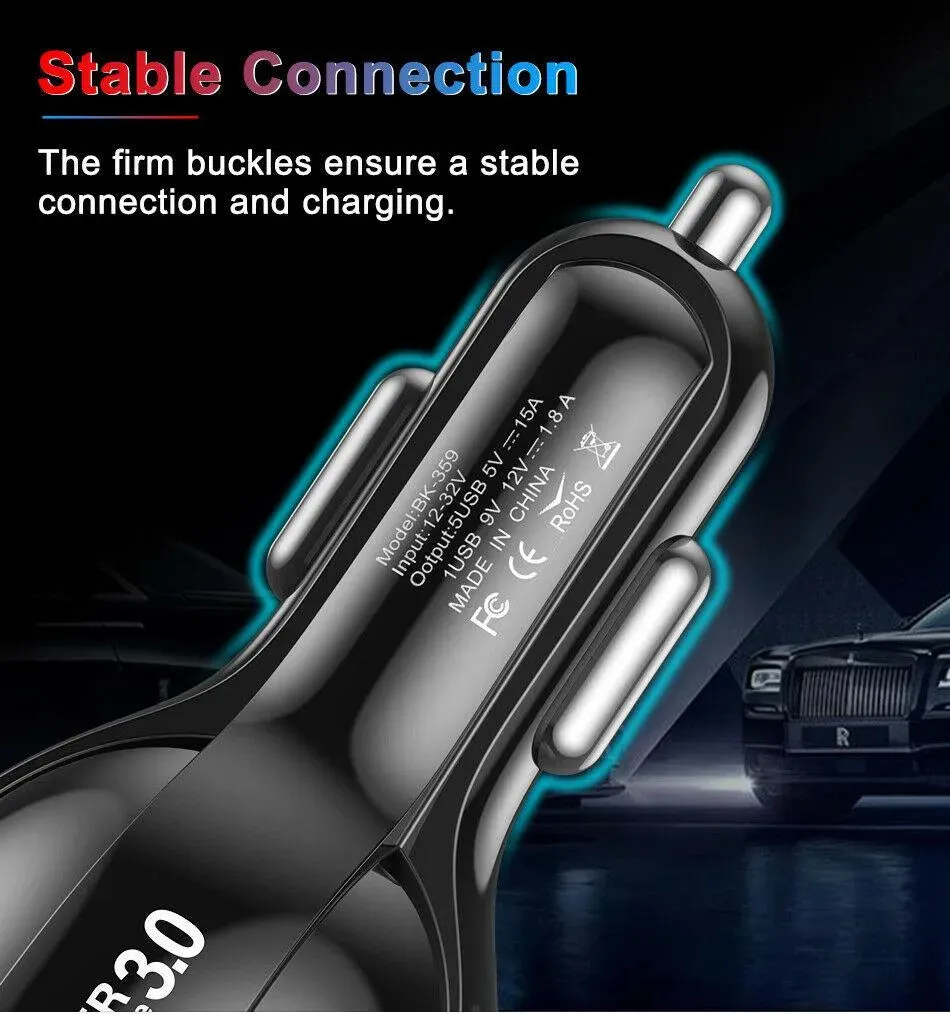 4 Port LED Car Charger   3 in 1 Cable Combo Pink