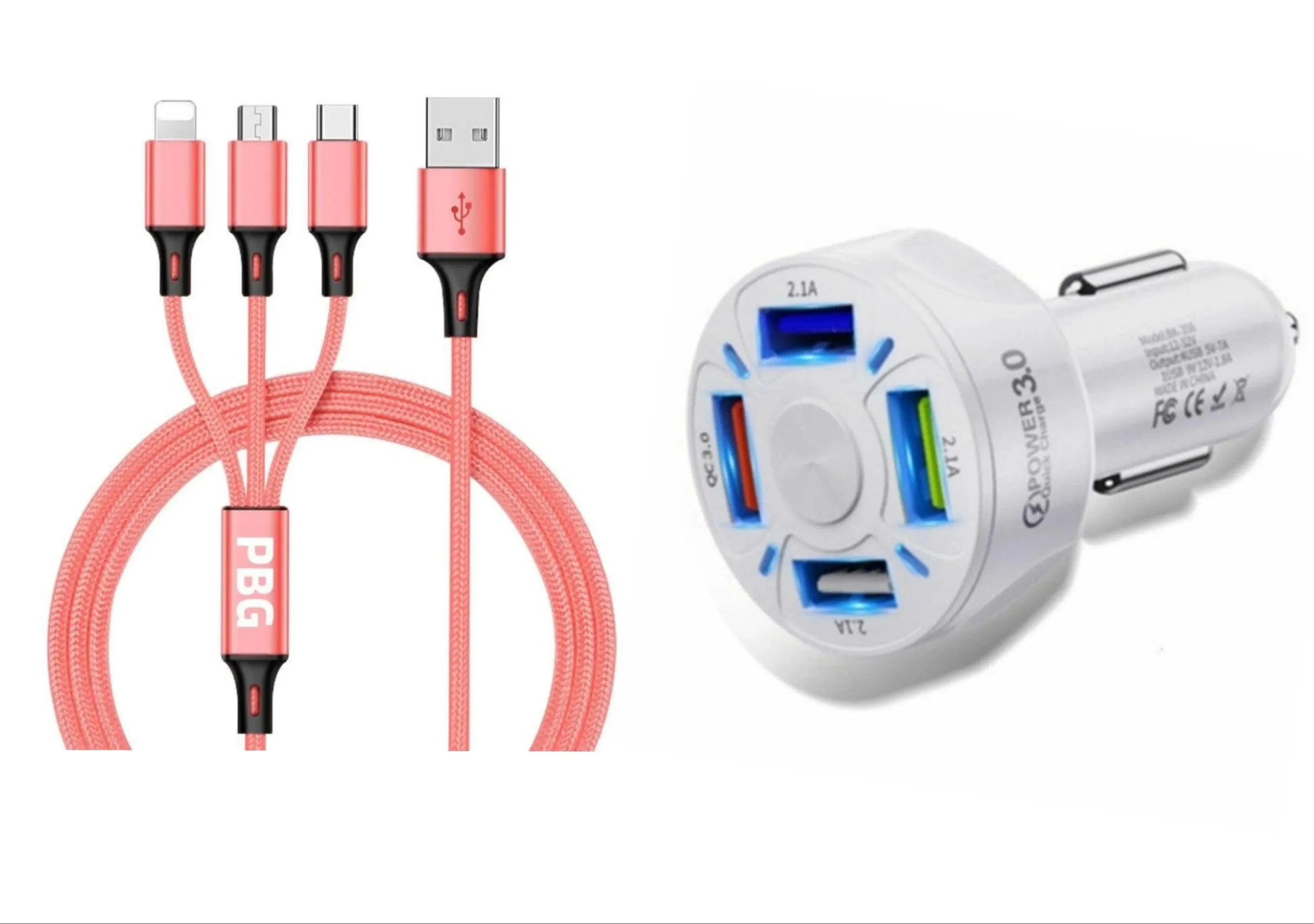 4 Port LED Car Charger   3 in 1 Cable Combo Pink