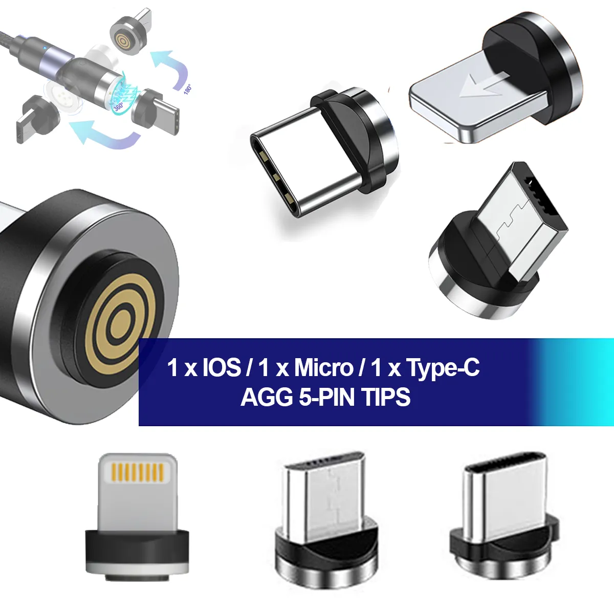 5-pin magnetic adapter tips for mixed pack, one of each (USB Type-C, Micro USB, Universal) for  AGG5P3A cables Fast Charge / Fast Data