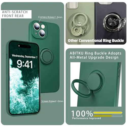 ABITKU Ring Kickstand Case for iPhone 15 Plus Case (6.7 inch), Support Magnetic Car Mount (with Strap Rope) Women Girl Silicone Cover Case for iPhone 15 Plus 2023 Army Green