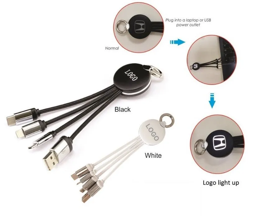 All in One USB charging cable with light up logo area - White