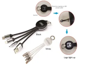 All in One USB charging cable with light up logo area - White