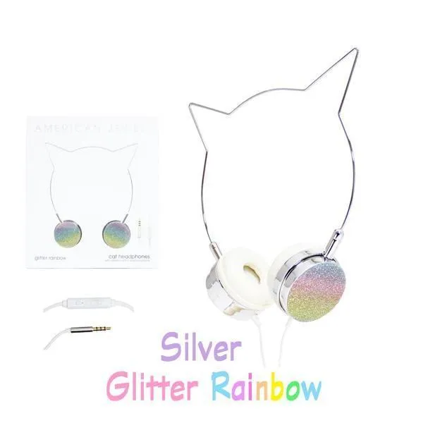 American Jewel Cat Headphones in Silver Glitter Rainbow and Rose Gold Crystal