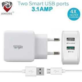 Amore 3.1 Amp Dual Port Fast Wall Charger Adapter compatible with Android Mobiles With Micro USB Data Charging Cable