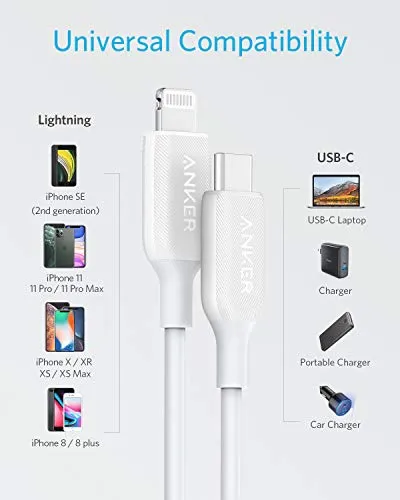 Anker USB C to Lightning Cable (6 ft), Powerline III MFi Certified Fast Charging Lightning Cable for iPhone 11 Pro 11 Pro Max X XS XR Max 8 Airpods Pro, Supports Power Delivery (White)