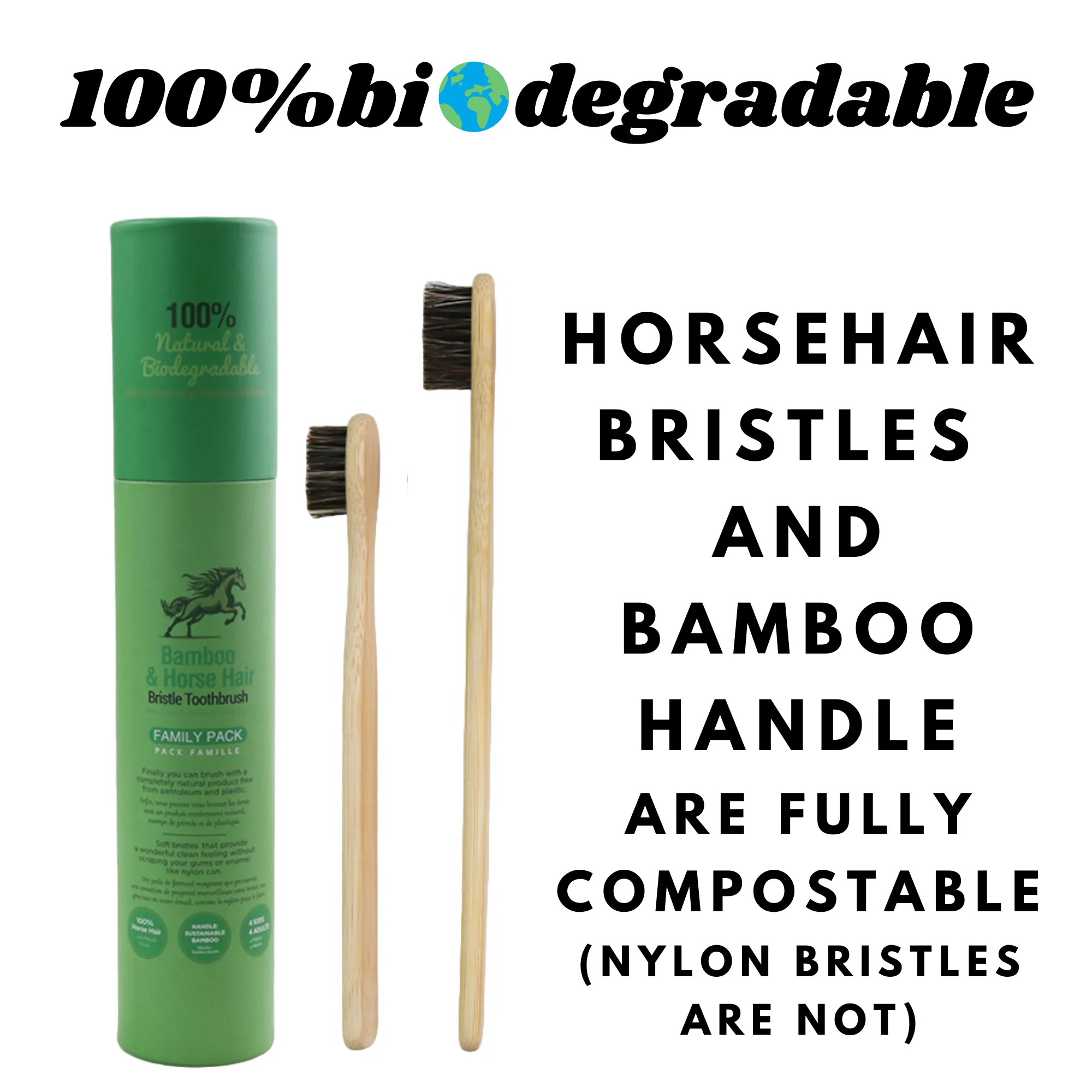 Bamboo and Horsehair Toothbrush - Natural Bristle Toothbrush Medium-Soft Horse Hair Bristles