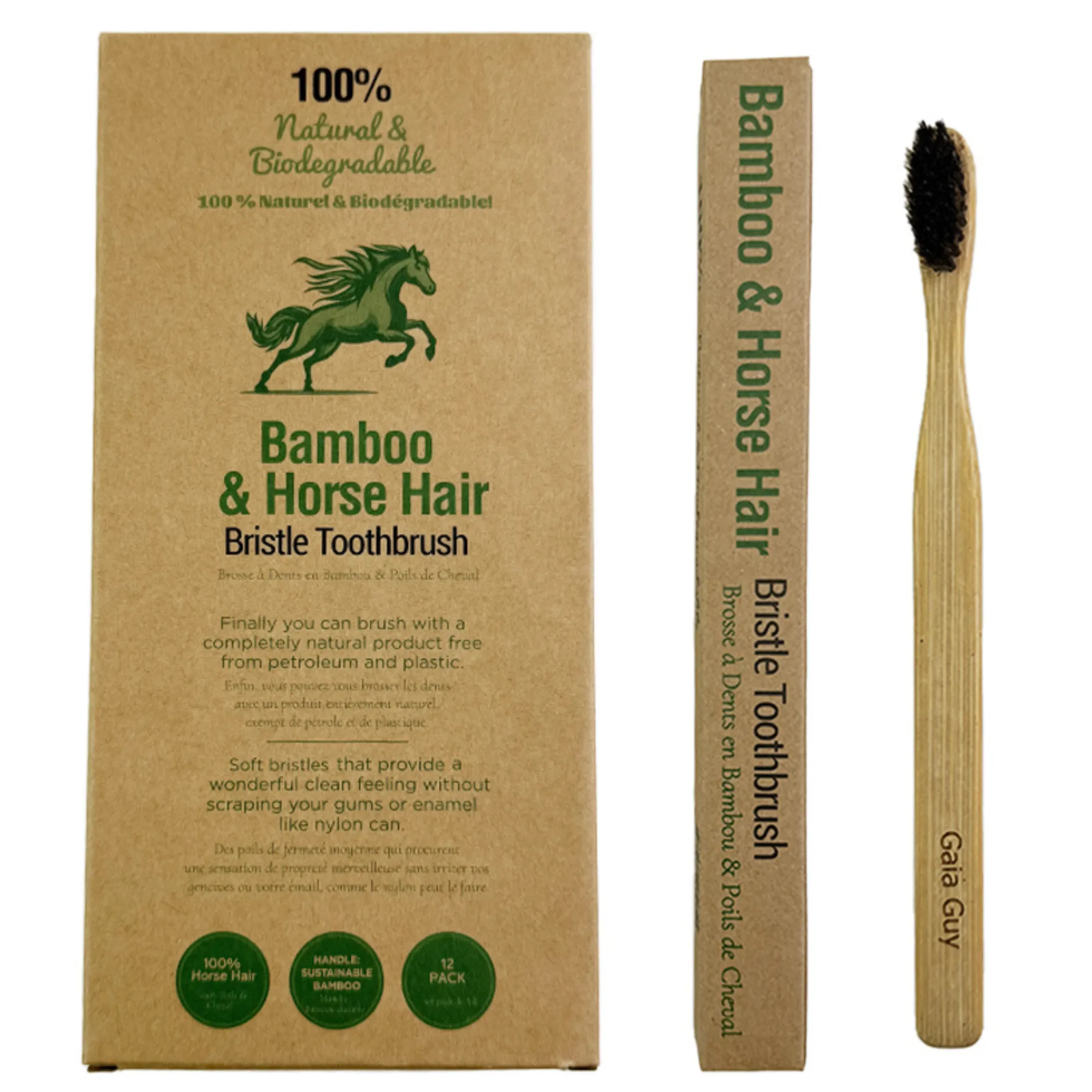 Bamboo and Horsehair Toothbrush - Natural Bristle Toothbrush Medium-Soft Horse Hair Bristles