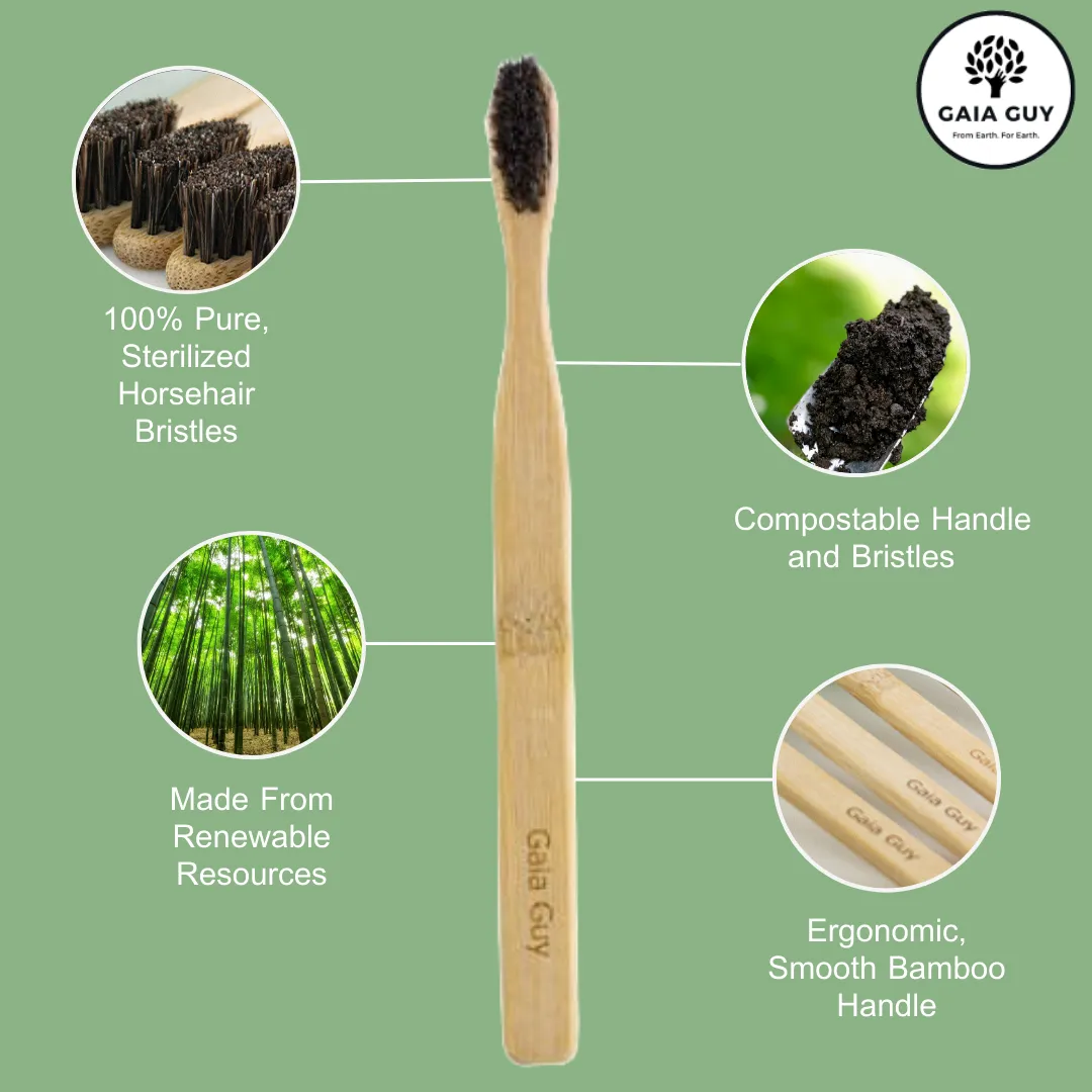 Bamboo and Horsehair Toothbrush - Natural Bristle Toothbrush Medium-Soft Horse Hair Bristles