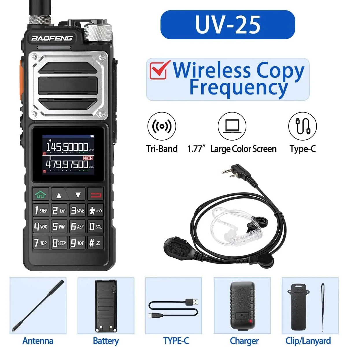 Baofeng UV-25 10W Walkie Talkie Tri Band Wireless Copy Frequency NOAA Type-C Charger FM Long Range High Power Ham Two Way Radio