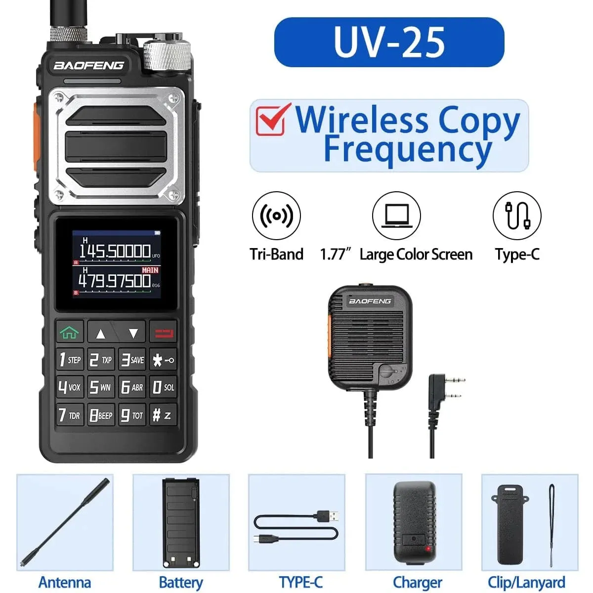 Baofeng UV-25 10W Walkie Talkie Tri Band Wireless Copy Frequency NOAA Type-C Charger FM Long Range High Power Ham Two Way Radio