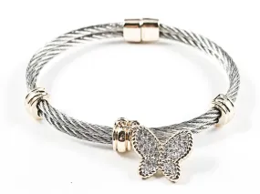 Beautiful Two Row Cable Wire Texture Band With Gold Tone Dangle Butterfly Charm Brass Bangle