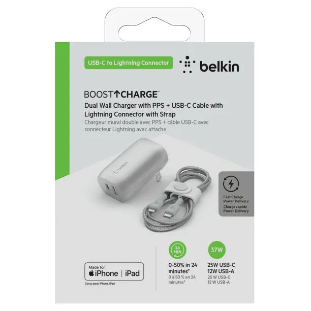 Belkin WCY006dq05SL-WM BOOST CHARGE 37W USB Type C to Lightning PPS PD Dual Port Wall Phone Charger, Silver