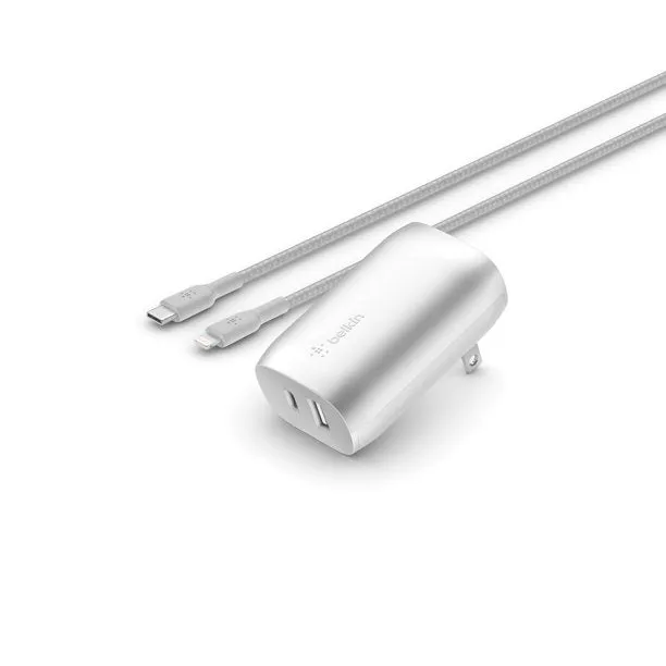 Belkin WCY006dq05SL-WM BOOST CHARGE 37W USB Type C to Lightning PPS PD Dual Port Wall Phone Charger, Silver