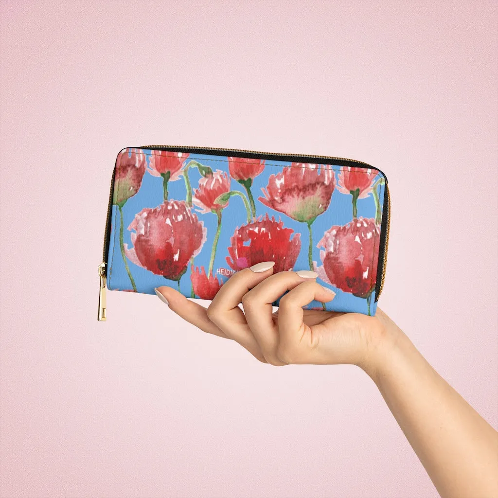 Blue Red Tulips Zipper Wallet, Red Tulips Flower Print Best Long Compact Wallet For Women