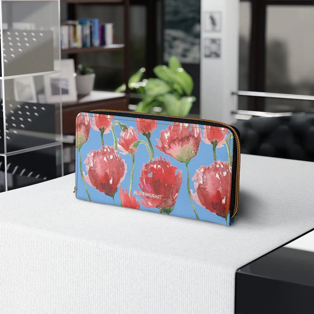 Blue Red Tulips Zipper Wallet, Red Tulips Flower Print Best Long Compact Wallet For Women