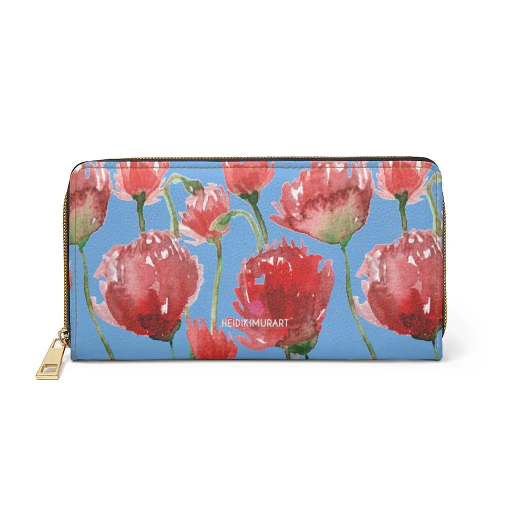 Blue Red Tulips Zipper Wallet, Red Tulips Flower Print Best Long Compact Wallet For Women