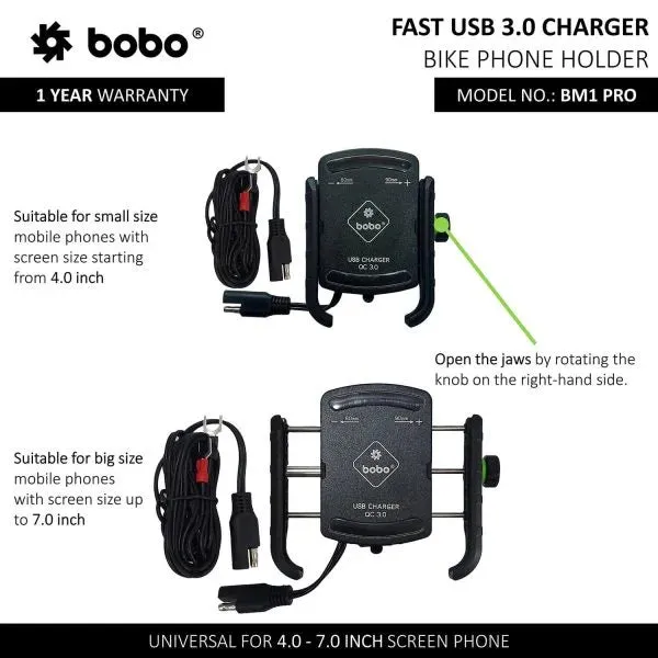 BOBO BM1 PRO Jaw-Grip Bike Phone Holder (with fast USB 3.0 charger, SAE connector & Fast USB Cable) Motorcycle Mobile Mount