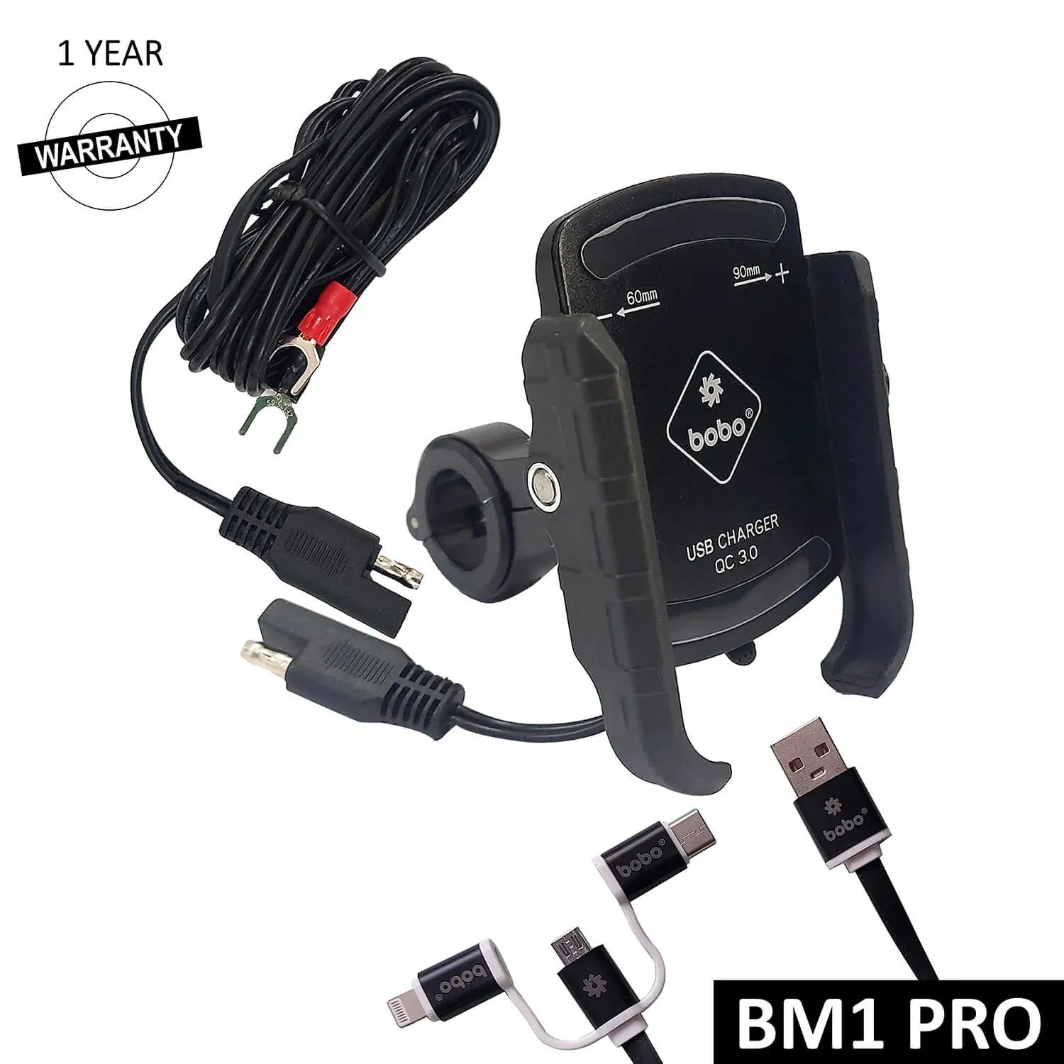 BOBO BM1 PRO Jaw-Grip Bike Phone Holder (with fast USB 3.0 charger, SAE connector & Fast USB Cable) Motorcycle Mobile Mount