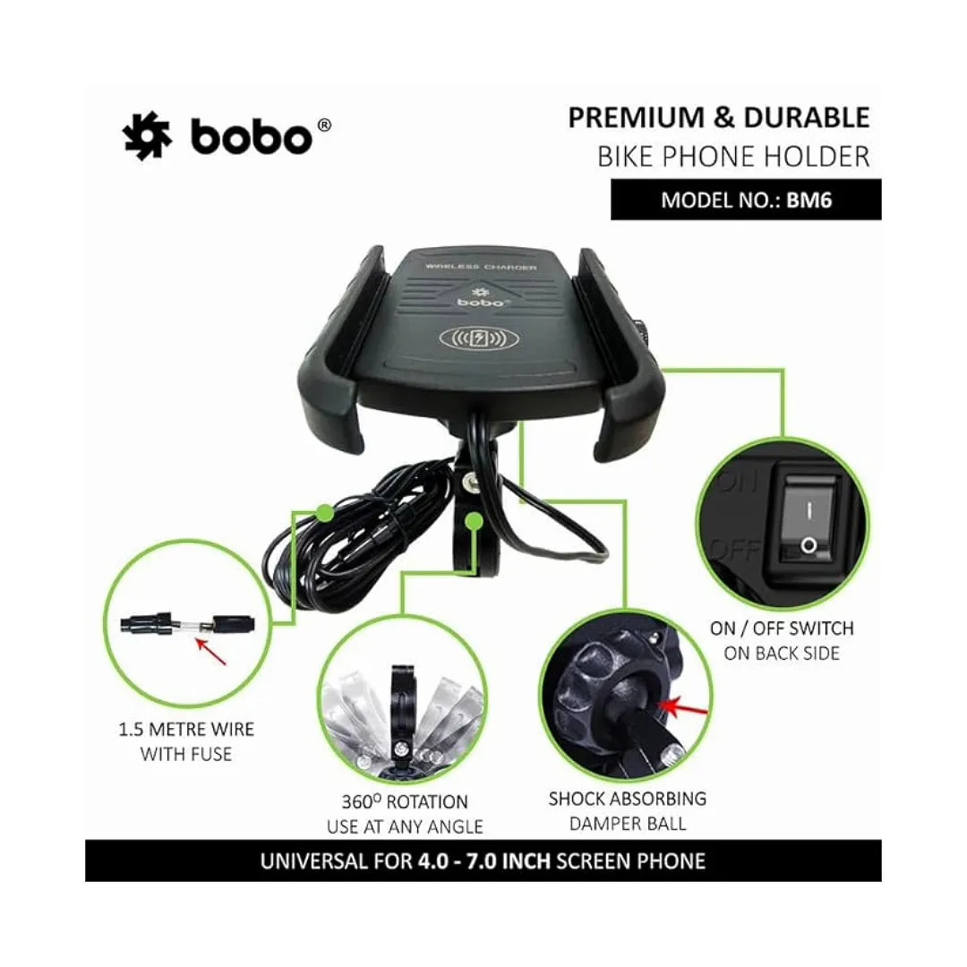 BOBO BM6 Jaw-Grip Bike Phone Holder (with Fast 15W Wireless Charger) Motorcycle Mobile Mount