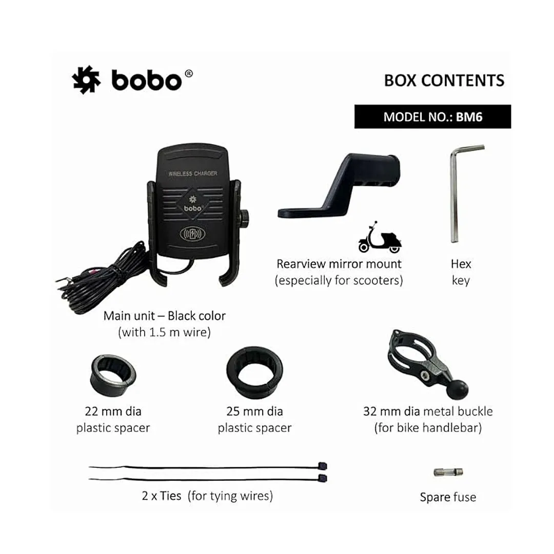 BOBO BM6 Jaw-Grip Bike Phone Holder (with Fast 15W Wireless Charger) Motorcycle Mobile Mount