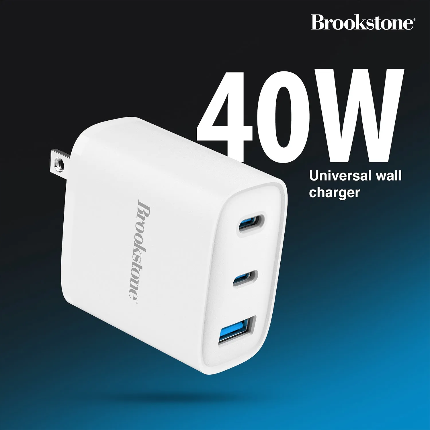 Brookstone Fast Charging Adapter With 3 USB Port, 2 USB Type C And 1 USB A 40W Wall Charger For Apple and Android Phones