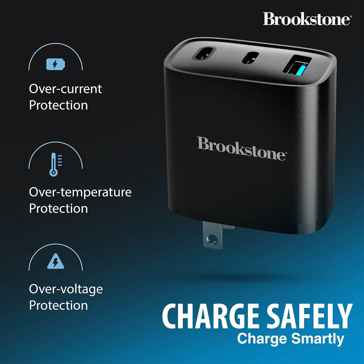 Brookstone Fast Charging Adapter With 3 USB Port, 2 USB Type C And 1 USB A 40W Wall Charger For Apple and Android Phones