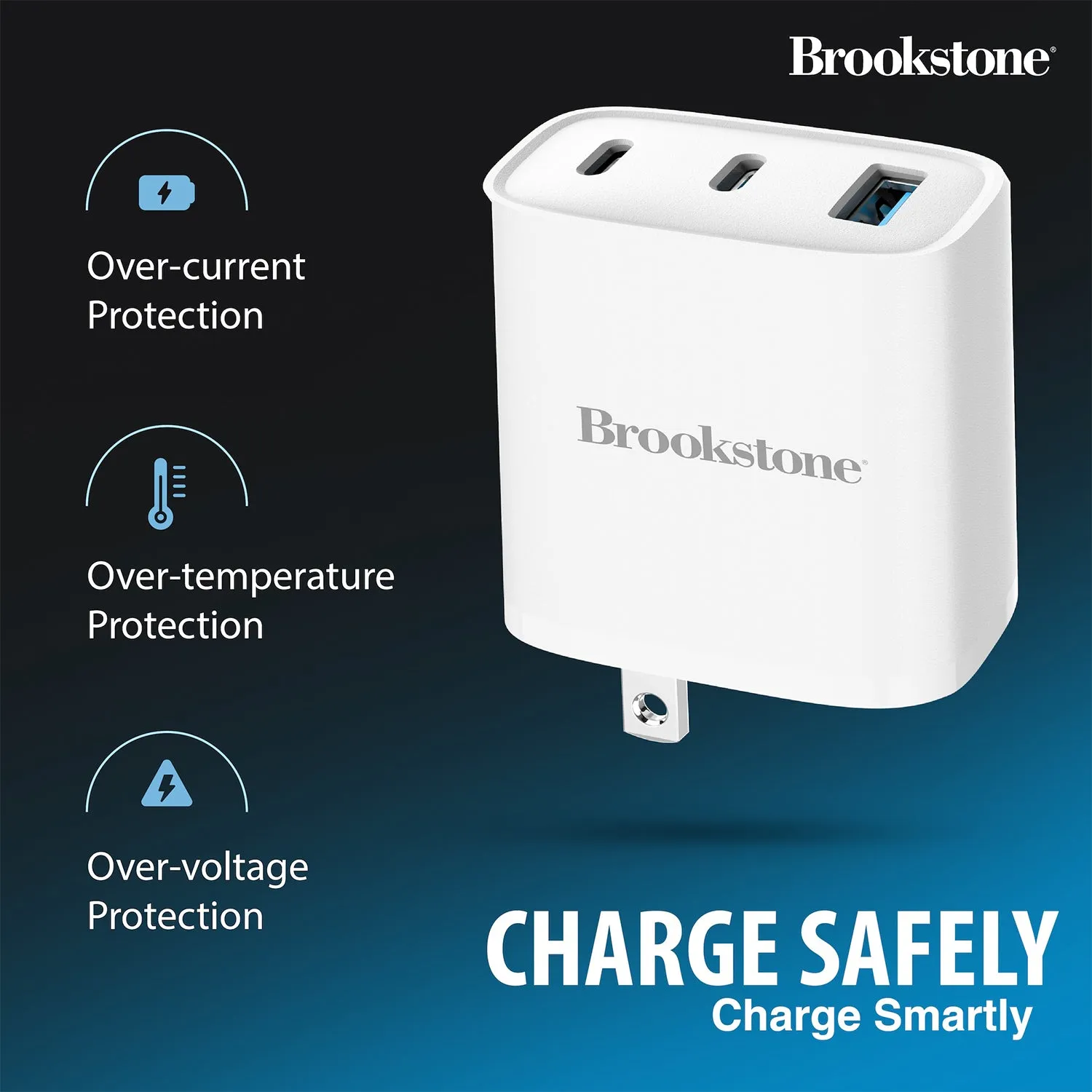 Brookstone Fast Charging Adapter With 3 USB Port, 2 USB Type C And 1 USB A 40W Wall Charger For Apple and Android Phones