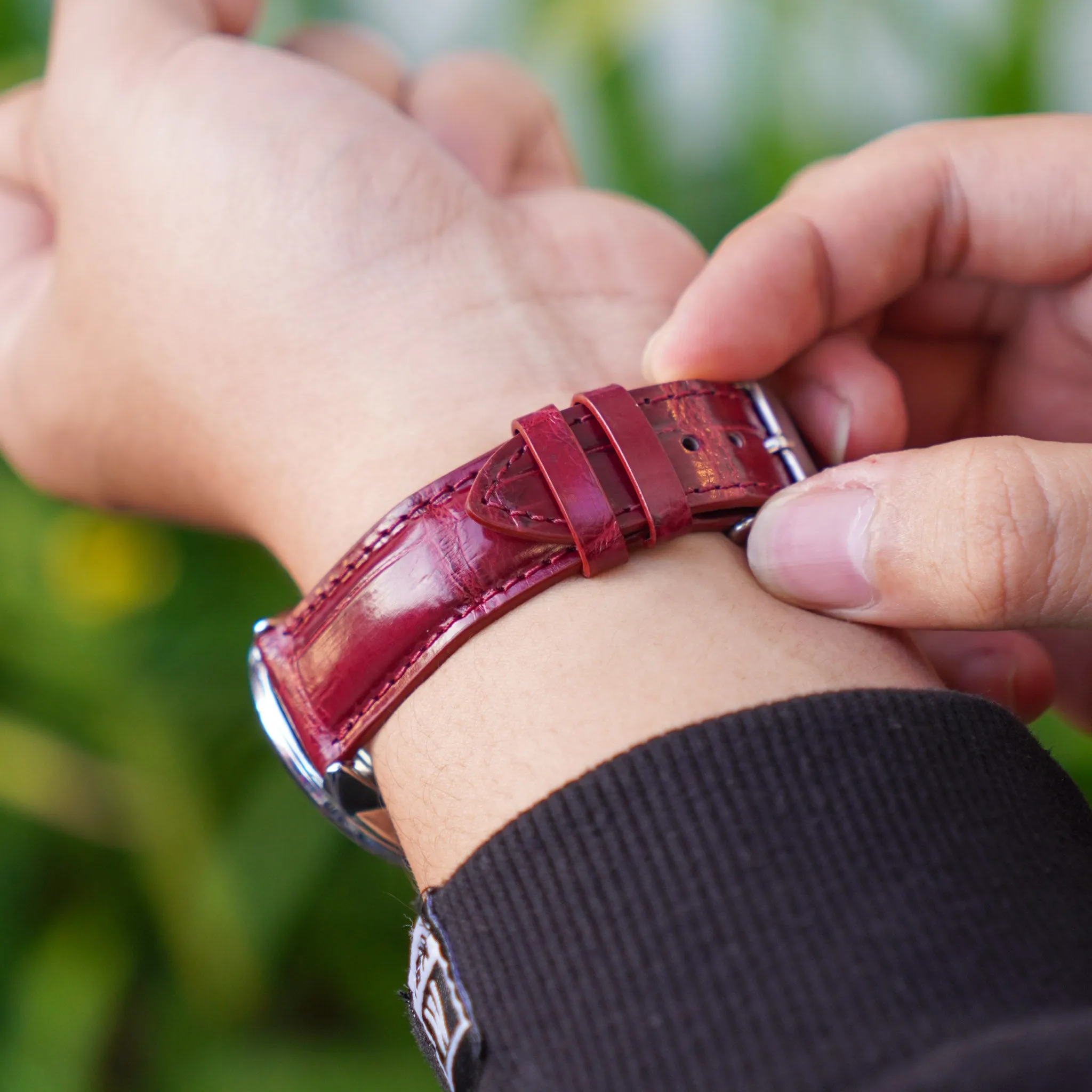 Burgundy Alligator Leather Watch Band For Men