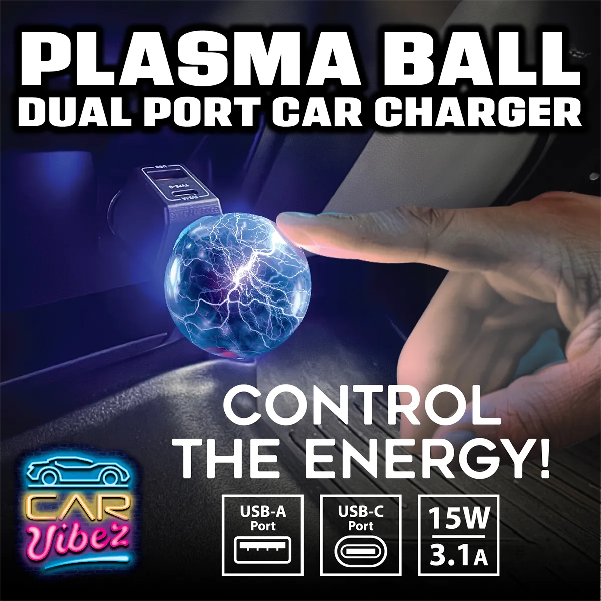 Car Charger Dual Port USB-A/USB-C 3.1-Amp Plasma Ball - 6 Pieces Per Retail Ready Display 25275