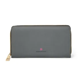 Charcoal Grey Color Zipper Wallet, Solid Color Long Compact Designer Premium Quality Women's Wallet