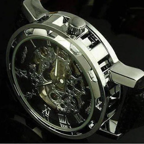 Classic Black Skeleton Hand Wind Watch For Men or Women