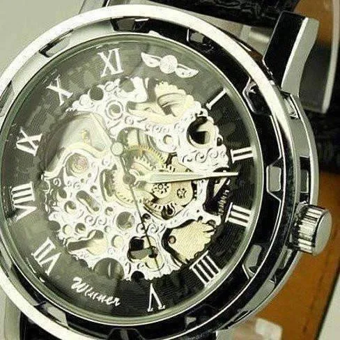 Classic Black Skeleton Hand Wind Watch For Men or Women