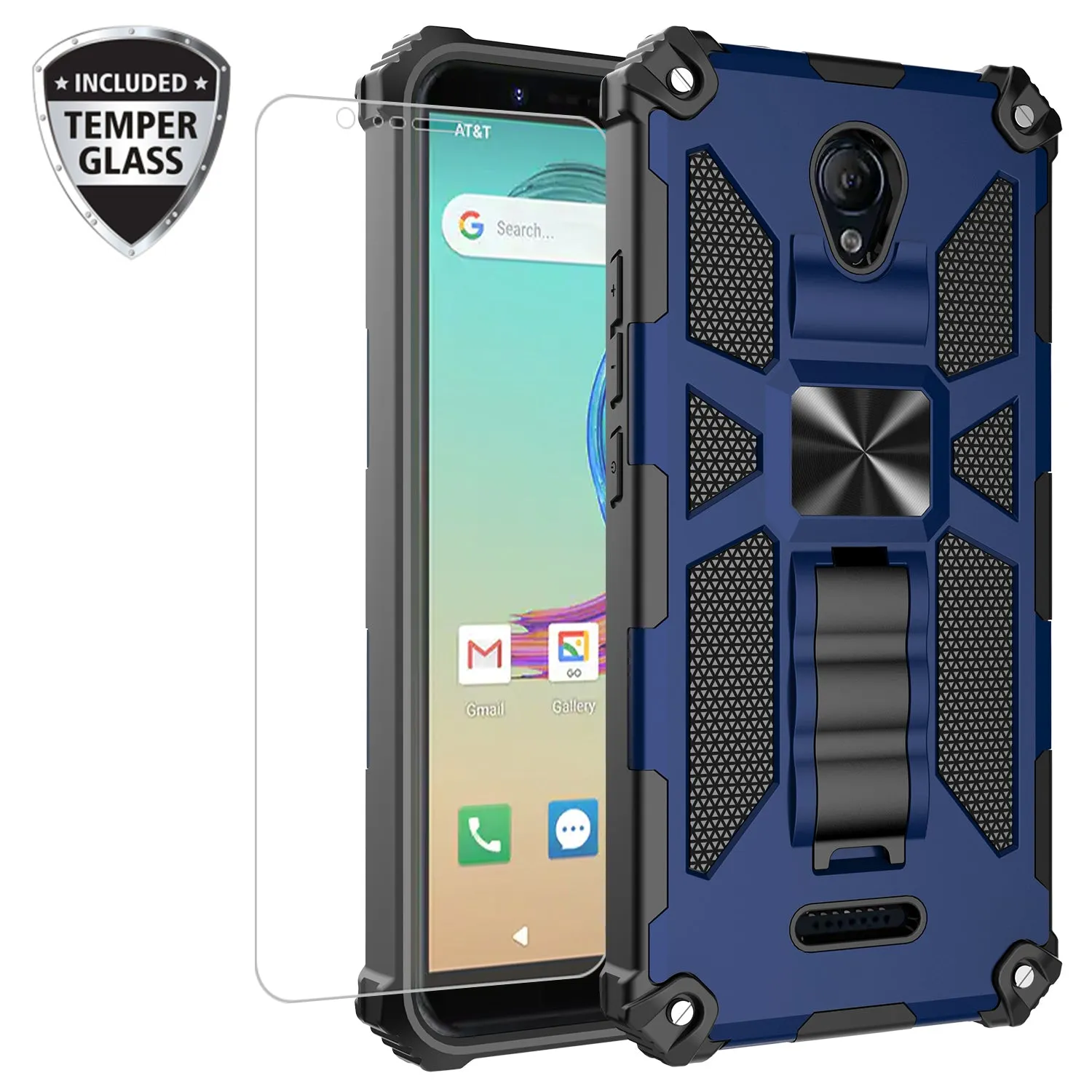 Cricket Icon 2 Case [Military Grade] Ring Car Mount Kickstand w/[Tempered Glass] Hybrid Hard PC Soft TPU Shockproof Protective Case - Blue