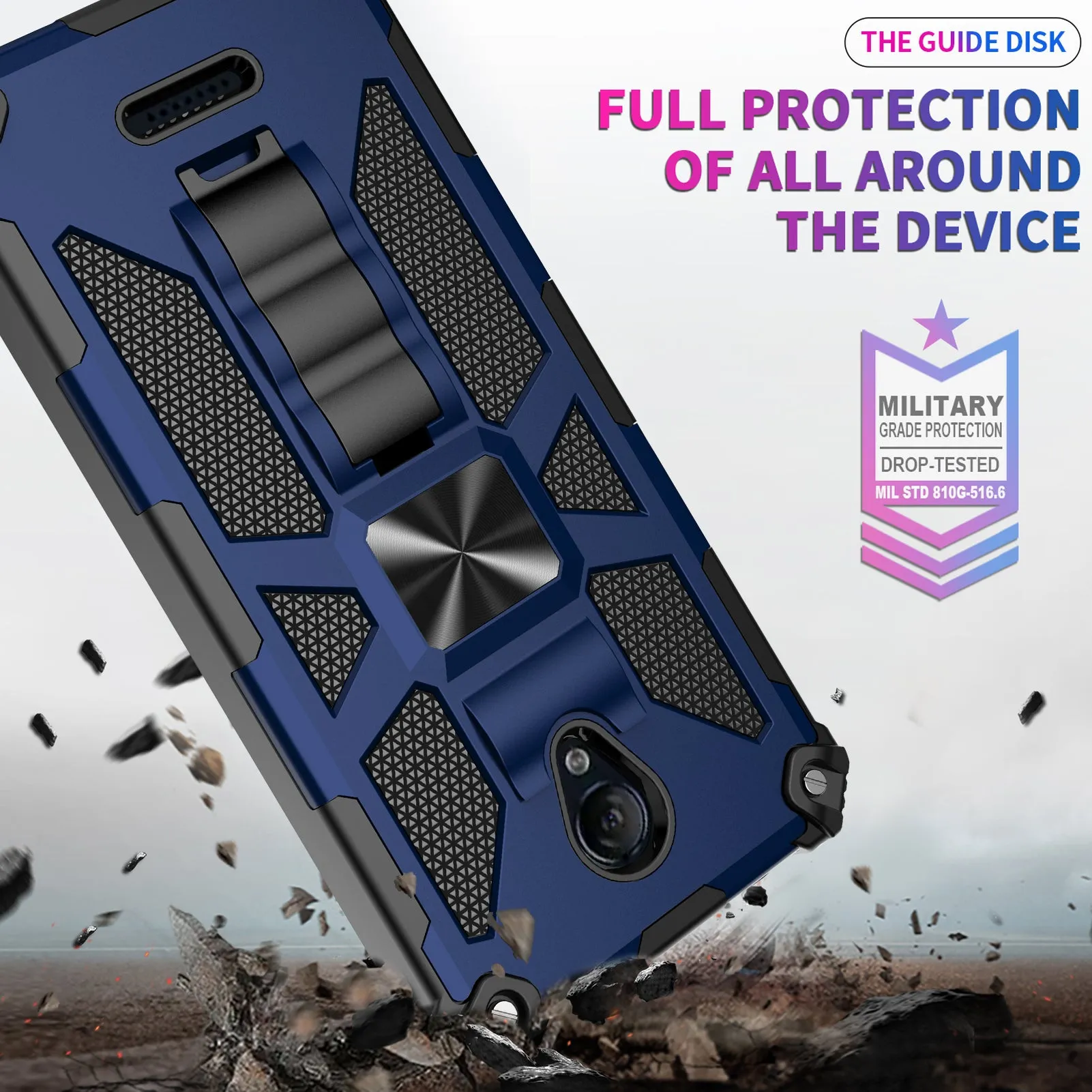 Cricket Icon 2 Case [Military Grade] Ring Car Mount Kickstand w/[Tempered Glass] Hybrid Hard PC Soft TPU Shockproof Protective Case - Blue