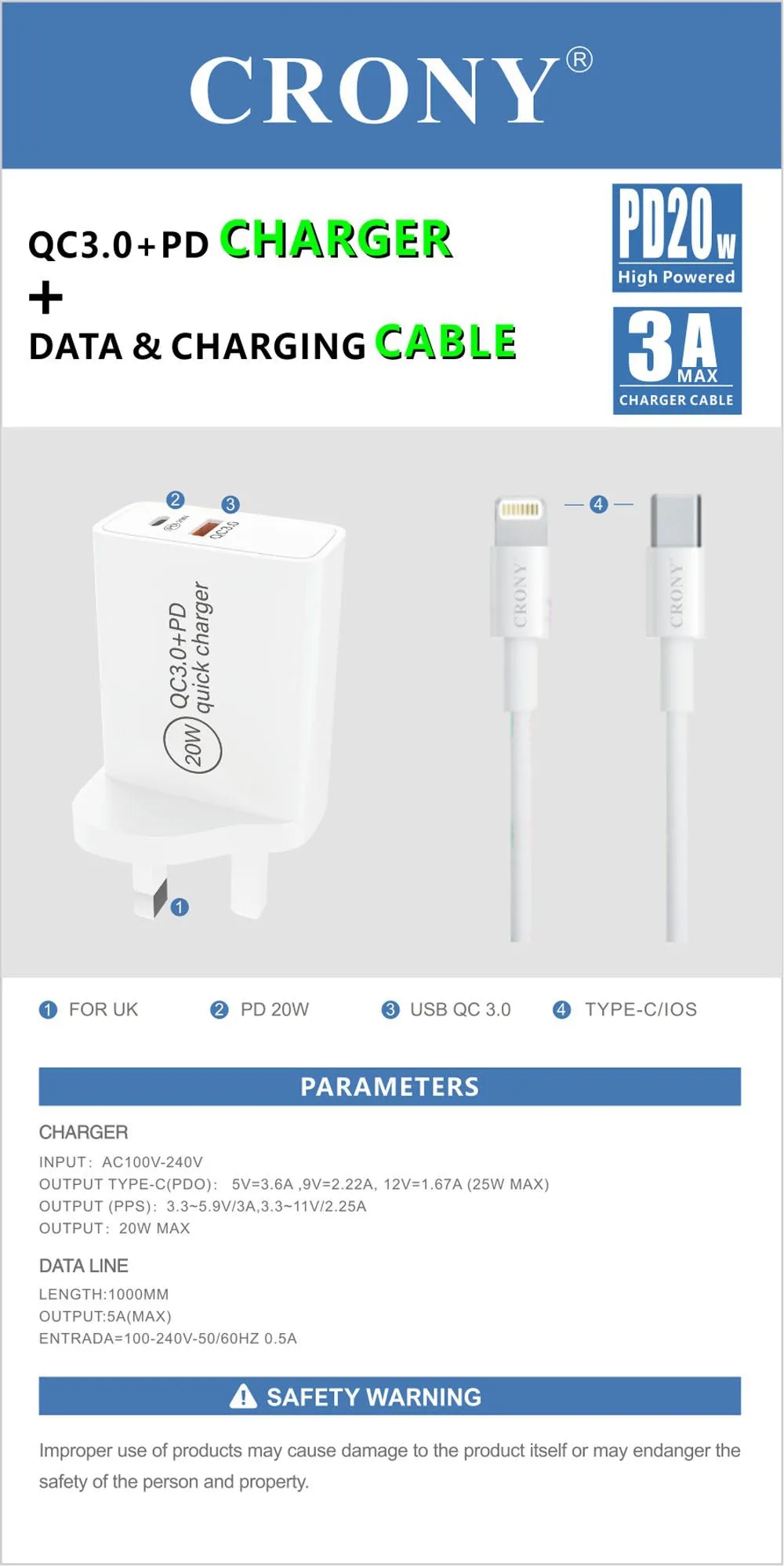 CRONY CR-003 PD20W QC3.0 Fast Charger 3ACharging&Data Cable