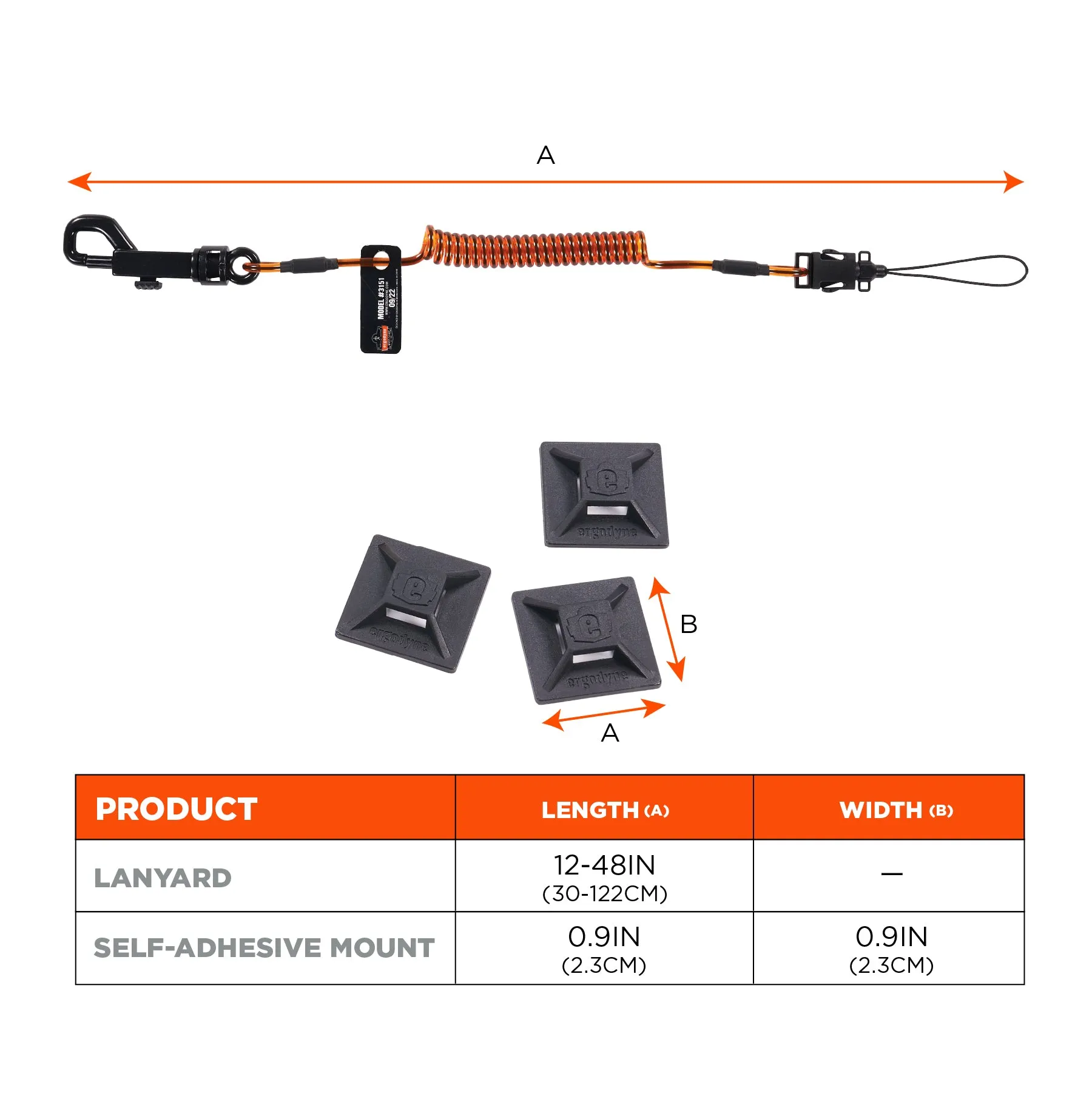 Ergodyne Squids 3151 Coil Lanyard Swivel Hook & Detachable Loop Plus Mini Adhesive Mount - 2lb / 0.9kg